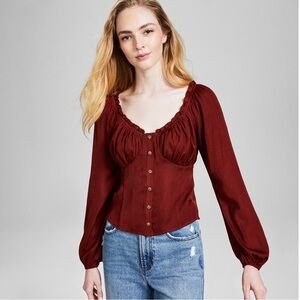 Blouson-Sleeve Button-Front Top